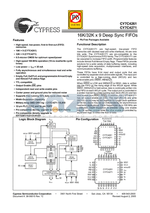 CY7C4261-10JXI datasheet - 16K/32K x 9 Deep Sync FIFOs