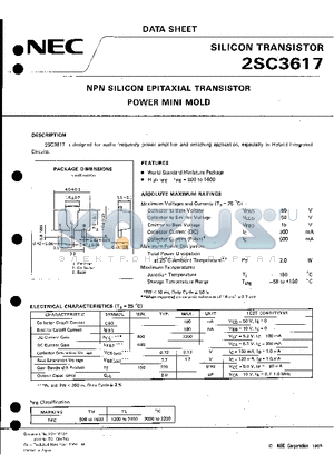 2SC3617 datasheet - NPN SILICON EPITAXIAL TRANSISTOR POWER MINI MOLD