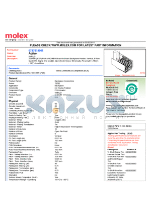 0767619001 datasheet - 2.00mm (.079) Pitch VHDM^ H Board-to-Board Backplane Header, Vertical, 6-Row, Guide Pin, Signal End Module, Open End Version, 60 Circuits