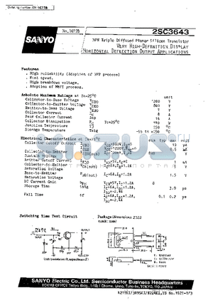 2SC3643 datasheet - Very High-Definition Display Horizontal Deflection Output Applications