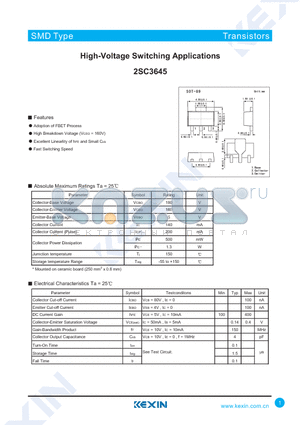 2SC3645 datasheet - High-Voltage Switching Applications