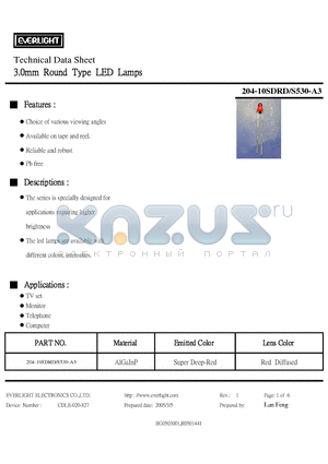 204-10SDRD-S530-A3 datasheet - 3.0mm Round Type LED Lamps