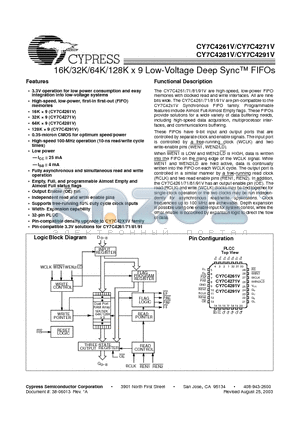 CY7C4261V-15JC datasheet - 16K/32K/64K/128K x 9 Low-Voltage Deep Sync FIFOs