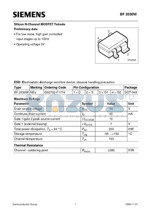 BF2030W datasheet - Silicon N-Channel MOSFET Tetrode (For low noise, high gain controlled input stages up to 1GHz Operating voltage 5V)