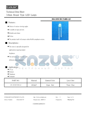 204-10SURC-S400-A8 datasheet - 3.0mm Round Type LED Lamps