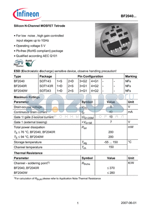 BF2040R datasheet - Silicon N-Channel MOSFET Tetrode