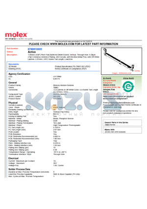 0780610001 datasheet - 1.00mm (.039) Pitch Fully Buffered DIMM Socket, Vertical, Through Hole, 0.38lm (15l) Gold(Au) Selective Plating, 240 Circuits, with Beveled Metal Pins