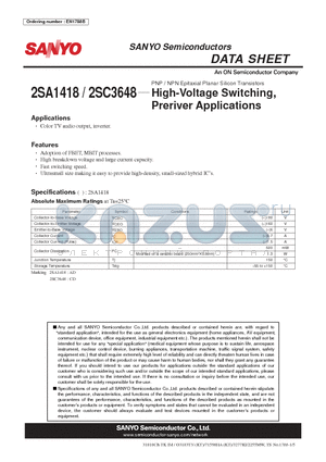 2SC3648 datasheet - High-Voltage Switching, Preriver Applications