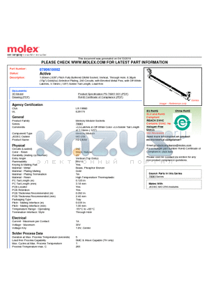 0780610002 datasheet - 1.00mm (.039) Pitch Fully Buffered DIMM Socket, Vertical, Through Hole, 0.38lm (15l) Gold(Au) Selective Plating, 240 Circuits, with Beveled Metal Pins