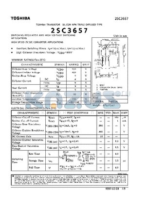 2SC3657 datasheet - NPN TRIPLE DIFFUSED TYPE (SWITCHING REGULATOR AND HIGH VOLTAGE SWITCHING, HIGH SPEED DC-DC CONVERTER APPLICATIONS)