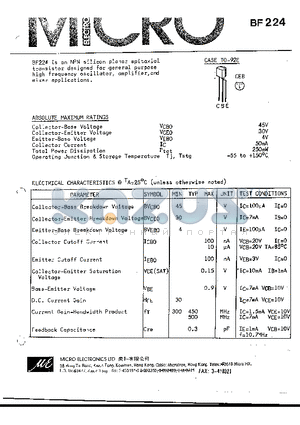 BF224 datasheet - NPN SILICON PLANAR EPITAXIAL TRANSISTOR