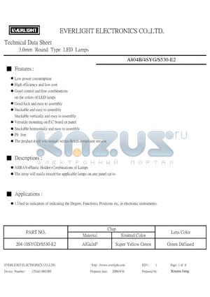 204-10SYGD/S530-E2 datasheet - 3.0mm Round Type LED Lamps