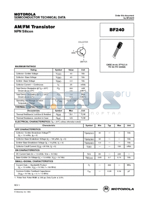 BF240 datasheet - AM/FM Transistor