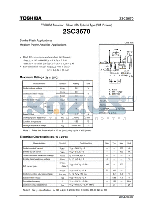 2SC3670 datasheet - Strobe Flash Applications Medium Power Amplifier Applications