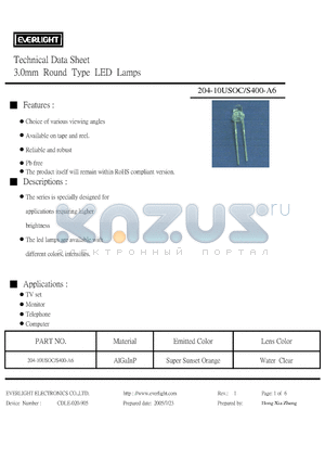 204-10USOC-S400-A6 datasheet - 3.0mm Round Type LED Lamps