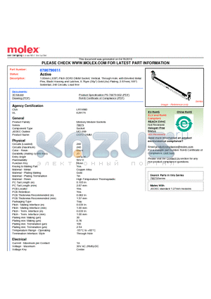 0780790011 datasheet - 1.00mm (.039) Pitch DDR3 DIMM Socket, Vertical, Through Hole, with Beveled Metal Pins, Black Housing and Latches, 0.76lm (30l) Gold (Au) Plating