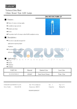 204-10USOC-S400-A9 datasheet - 3.0mm Round Type LED Lamps