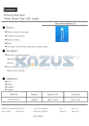 204-10UYC-S530-A3 datasheet - 3.0mm Round Type LED Lamps