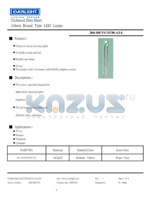 204-10UYC-S530-A3-L datasheet - 3.0mm Round Type LED Lamps