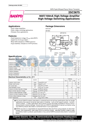 2SC3675 datasheet - 900V/100mA High-Voltage Amplifier High-Voltage Switching Applications