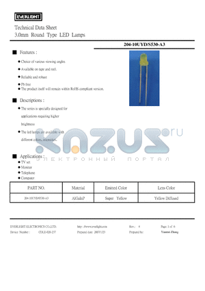 204-10UYD-S530-A3 datasheet - 3.0mm Round Type LED Lamps