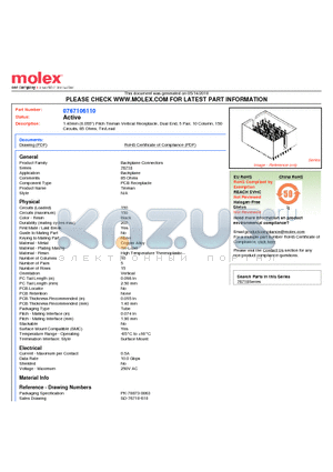 0767106110 datasheet - 1.40mm (0.055) Pitch Tinman Vertical Receptacle, Dual End, 5 Pair, 10 Column, 150 Circuits, 85 Ohms, Tin/Lead