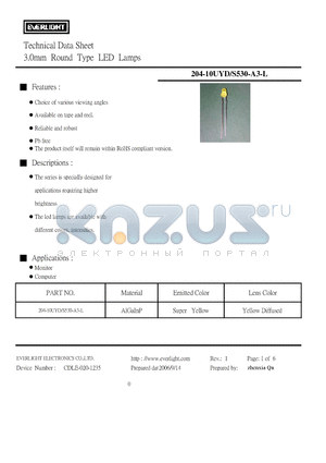 204-10UYD-S530-A3-L datasheet - 3.0mm Round Type LED Lamps