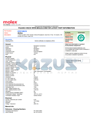 0767106210 datasheet - 1.40mm (0.055) Pitch Tinman Vertical Receptacle, Dual End, 5 Pair, 10 Column, 150 Circuits, 85 Ohms, Lead Free