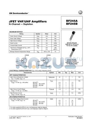 BF245 datasheet - JFET VHF/UHF Amplifiers N-Channel - Depletion