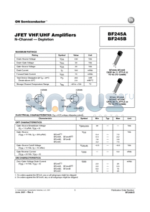 BF245A datasheet - JFET VHF/UHF Amplifiers N-Channel - Depletion