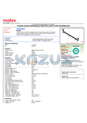 0780790052 datasheet - 1.00mm (.039) Pitch DDR3 DIMM Socket, Vertical, Through Hole, with Beveled Metal Pins, Black Housing, Off-White Latches, 0.38lm (15l) Gold(Au) Plating