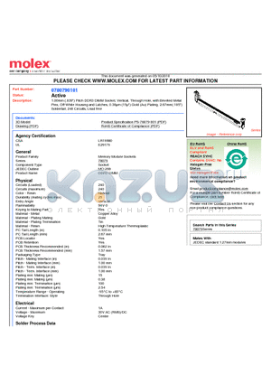 0780790101 datasheet - 1.00mm (.039) Pitch DDR3 DIMM Socket, Vertical, Through Hole, with Beveled Metal Pins, Off-White Housing and Latches, 0.38lm (15l) Gold (Au) Plating