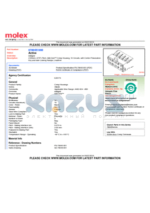 0780451060 datasheet - 2.00mm (.079) Pitch, Milli-Grid Crimp Housing, 10 Circuits, with Center Polarization Key and side Locking Ramps, Leadfree