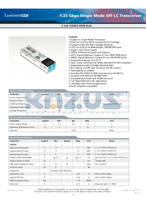 C-141-1250-FDFB-SLC3 datasheet - 1.25 Gbps Single Mode SFF LC Transceiver