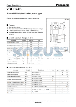 2SC3743 datasheet - Silicon NPN triple diffusion planar type(For high breakdown voltage high-speed switching)