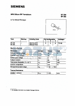 BF254 datasheet - NPN Silicon RF Transisrors