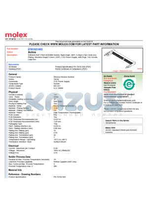 0781521443 datasheet - 0.80mm(.032) Pitch SODIMM Socket, Right Angle, SMT, 0.25lm (10l) Gold (Au) Plating, Mounted Height 5.2mm (.205), 3.3V Power Supply, with Pegs