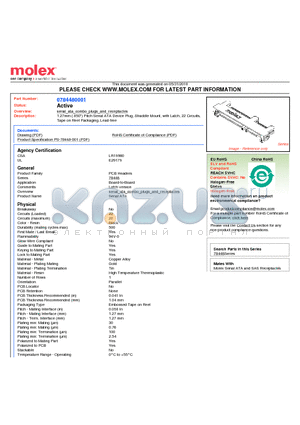 0784480001 datasheet - 1.27mm (.050) Pitch Serial ATA Device Plug, Straddle Mount, with Latch, 22 Circuits, Tape on Reel Packaging, Lead-free