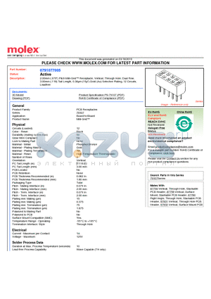 0791077005 datasheet - 2.00mm (.079) Pitch Milli-Grid Receptacle, Vertical, Through Hole, Dual Row, 3.00mm (.118) Tail Length, 0.38lm (15l) Gold (Au) Selective Plating