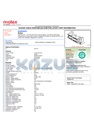 0784950001 datasheet - 0.80mm(.031), 1.27mm(.050) Micro SAS Receptacle, Dual Stack, Right Angle, Through Hole, 0.76lm (30l) Gold (Au) Plating, 50 Circuits