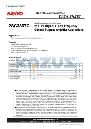 2SC3807C datasheet - NPN Epitaxial Planar Silicon Transistor 25V / 2A High-hFE, Low Frequency General-Purpose Amplifier Applications