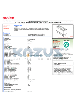 0791077065 datasheet - 2.00mm (.079) Pitch Milli-Grid Receptacle, Vertical, Through Hole, Dual Row, 3.00mm (.118) Tail Length, 0.76lm (30l) Gold (Au) Selective Plating, 32 Circuits