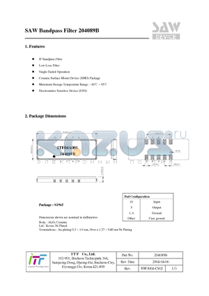 204089B datasheet - SAW Bandpass Filter