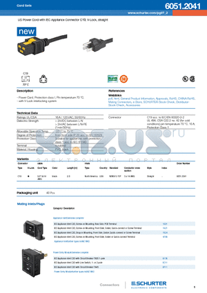 2041 datasheet - US Power Cord with IEC Appliance Connector C19, V-Lock, straight