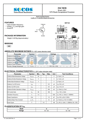 2SC3838 datasheet - NPN Plastic Encapsulated Transistor