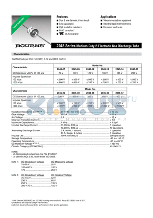 2045-07 datasheet - 2045 Series Medium Duty 2-Electrode Gas Discharge Tube