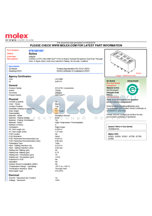 0791081067 datasheet - 2.00mm (.079) Pitch Milli-Grid Flex-to-Board Vertical Receptacle Dual Row Through-Hole, 0.76lm (30l) Gold (Au) Selective Plating, 36 Circuits, Leadfree