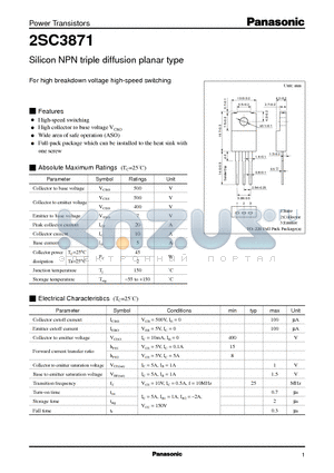 2SC3871 datasheet - Silicon NPN triple diffusion planar type