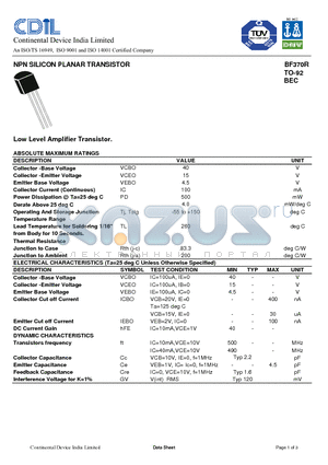 BF370R datasheet - NPN SILICON PLANAR TRANSISTOR