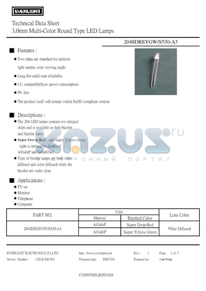 204SDRSYGW-S530-A3 datasheet - 3.0mm Multi-Color Round Type LED Lamps